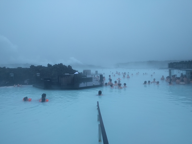 the blue lagoon: sky blue
colored water packed with tourists